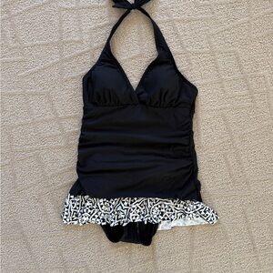 Apt. 9 Black Girls Halter One-Piece Swimsuit with Black & White Ruffle